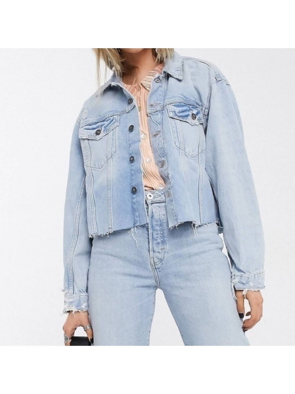 We The Free By Free People Amelia Distressed Cropped Denim Oversized Jacket XS